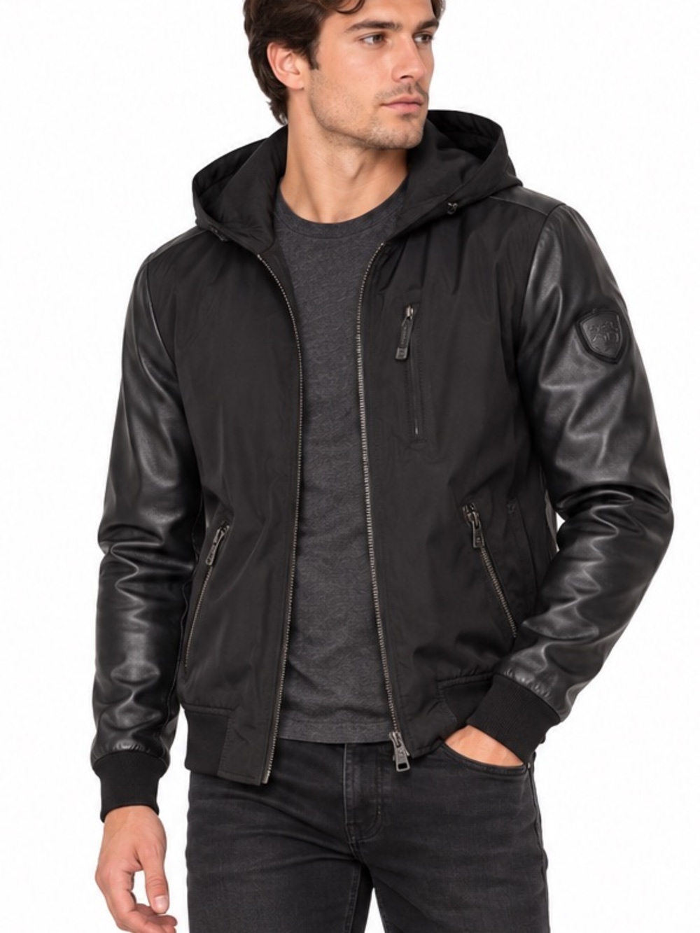 Rudsak Black Leather Sleeve Hooded Bomber Jacket Men’s Size L